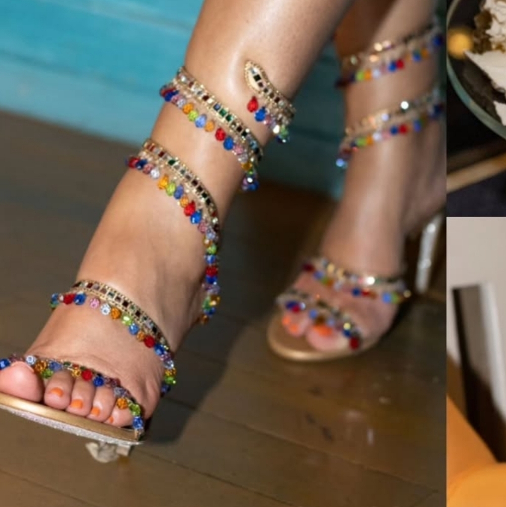 Rene Caovilla Gold Heels with Multicolor Beads